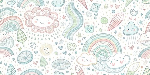Playful doodles of clouds and rainbows on a white background.