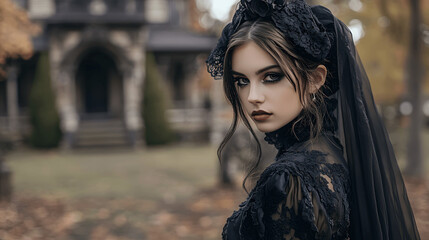 Portrait of young woman dressed as gothic bride for Halloween with black veil and haunted mansion background