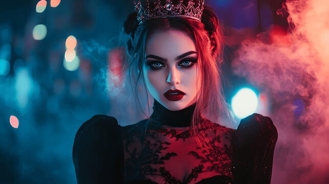 Portrait of woman in hot vampire queen costume with crown and party backdrop