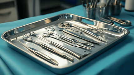 Sterile surgical tray with instruments ready for cosmetic procedure