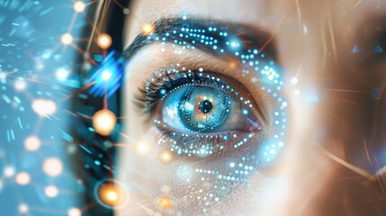 A closeup of an eye iris recognition technology for secure access, digital elements around it, symbolizing the integration and visualization in vision technology
