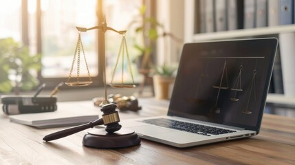 Laptop with online law and justice concept on the table in a modern office, next to a wooden gavel and scales of Justice in an indoor background. In the style