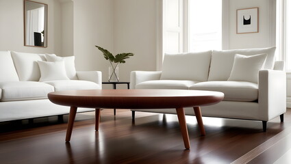 Round wood coffee table against white sofa. Scandinavian home interior design of modern living room