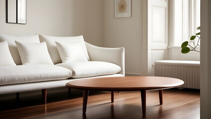 Round wood coffee table against white sofa. Scandinavian home interior design of modern living room