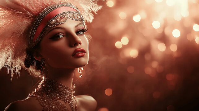 Woman dressed as 1920s flapper ghost for Halloween with vintage background