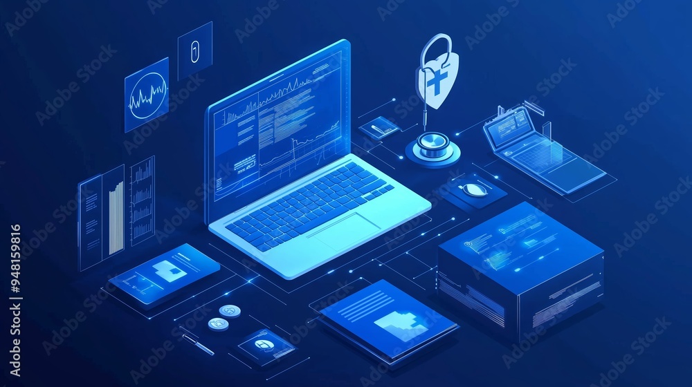 Poster a digital workspace showcasing cybersecurity tools and data analytics on a laptop surrounded by vari