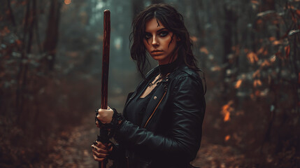 Naklejka premium Woman dressed as vampire hunter for Halloween with leather jacket and wooden stake