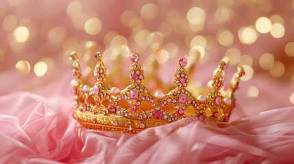Princess birthday party: golden bedazzled princess crown on a pink tulle fabric with golden bokeh background