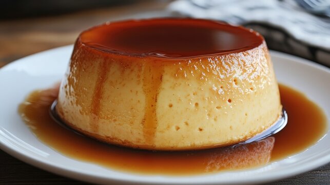 A creamy Mexican flan topped with a rich caramel sauce, served on a white plate, close-up view.