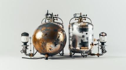 Two industrial pressure vessels with valves and pipes on white background