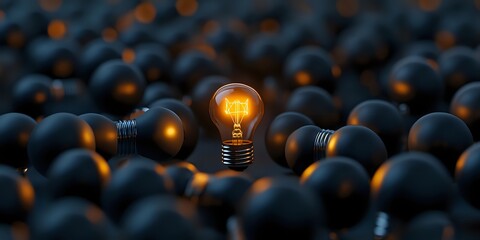 Obraz premium One Bright Lightbulb Stands Out Among Many Dark Ones, Concept of Uniqueness, Innovation, and Success