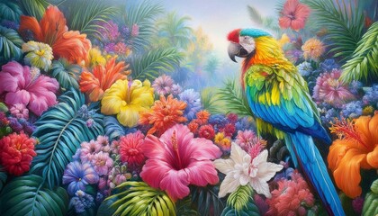 blue and yellow macaw , 1. "Tropical Harmony: A Parrot Amongst Vibrant Blooms"
2. "Feathered Elegance: Parrot Adrift in a Pastel Flower Garden"