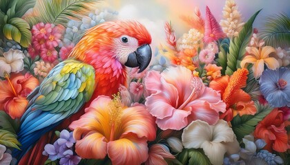 blue and yellow macaw , 1. "Tropical Harmony: A Parrot Amongst Vibrant Blooms"
2. "Feathered Elegance: Parrot Adrift in a Pastel Flower Garden"
