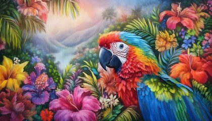 blue and yellow macaw , 1. "Tropical Harmony: A Parrot Amongst Vibrant Blooms"
2. "Feathered Elegance: Parrot Adrift in a Pastel Flower Garden"