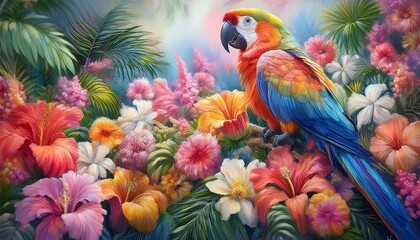 blue and yellow macaw , 1. "Tropical Harmony: A Parrot Amongst Vibrant Blooms"
2. "Feathered Elegance: Parrot Adrift in a Pastel Flower Garden"