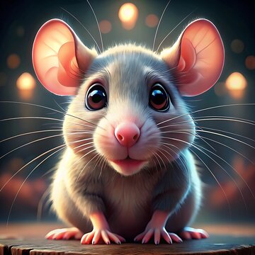 A close-up portrait of a rat with on a texture background. Featuring its big eyes, pink nose and looking at the camera.