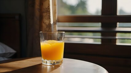 Sunlit Morning Bliss: Refreshing Orange Juice by the Bedside