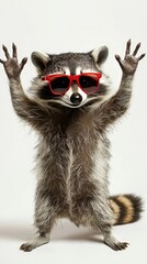 A raccoon that is wearing red sunglasses is standing upright on its hind legs