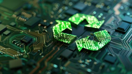Concept of green technology. green recycle sign on circuit board technology innovations. Environment Green Technology Computer Chip. Green Computing