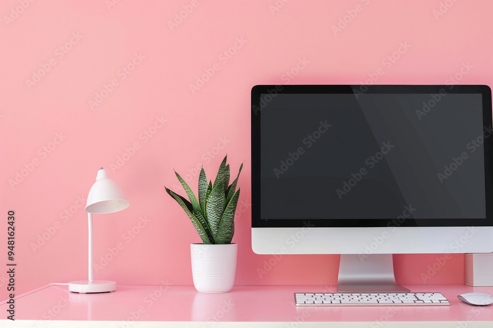 Wall mural minimalist desk setup with a pink wall