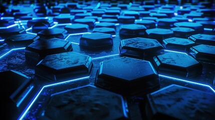 Fototapeta premium Futuristic abstract background featuring interconnected hexagonal pattern in cool blue tones.Modern aesthetics, perfect for computing, science, and AI-themed concepts.