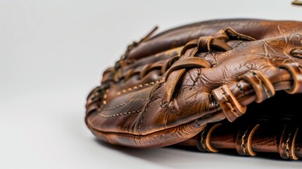 Leather baseball glove resting on white background