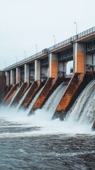 Water cascades from the hydroelectric dam, generating energy as it flows powerfully into the river below