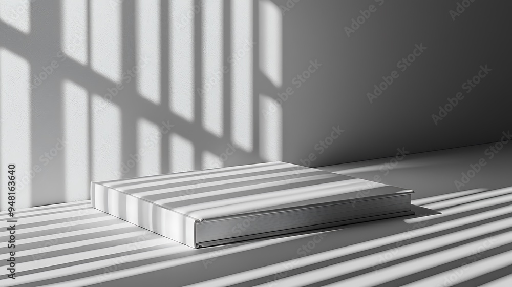 Poster a white book sits on a platform with sunbeams and shadows, creating a minimalist and elegant display
