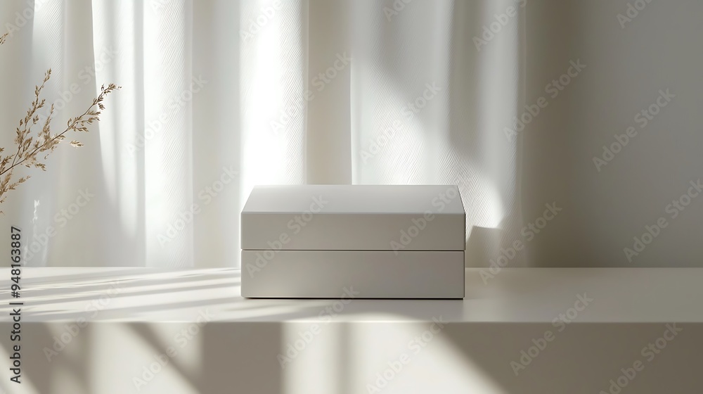 Poster a white box rests on a white tabletop with light and shadows, creating a clean and minimalist design
