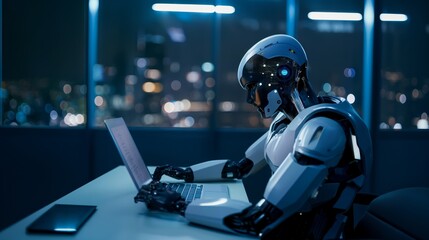 a robot working at high technology laboratory office environment with laptop 