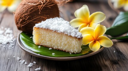 Coconut flakes on cake closeup view