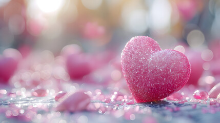 Obraz premium small pink hearts on a light background, bokeh in the background