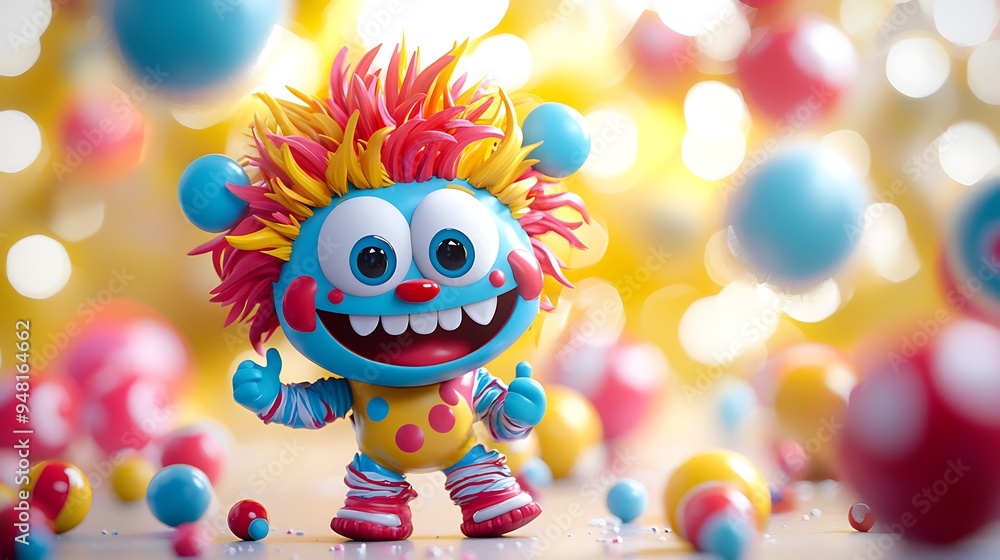 Poster a happy cartoon character interacts with colorful balls and a bokeh background, adding a touch of jo