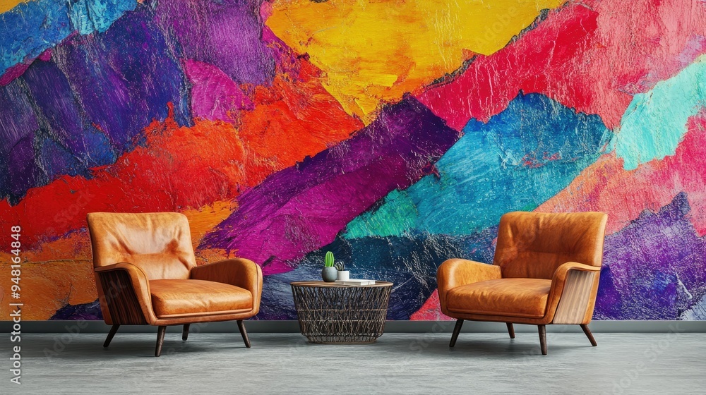 Poster bold, colorful wallpaper with a playful abstract pattern adding energy and vibrancy to a modern inte