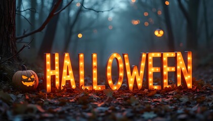 Illuminated 'HALLOWEEN' sign with glowing lights, surrounded by festive decorations including a carved jack-o'-lantern and autumn leaves, creating a cozy spooky ambiance.