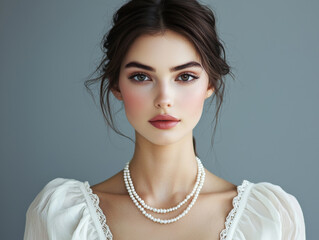 A woman with a pearl necklace and red lips. She is wearing a white dress