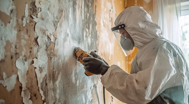 A person in protective gear and mask using an electric sander to remove the peeling paint and old wallpaper from a wall, while cleaning it from mold and pipes.