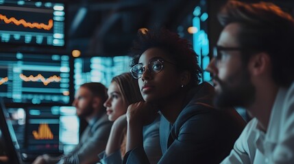 Diverse business professionals monitoring global market in high-tech office