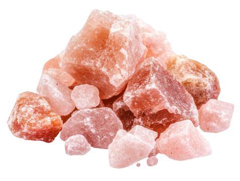 A pile of pink Himalayan salt crystals, showcasing various sizes and textures, perfect for culinary and decorative uses.