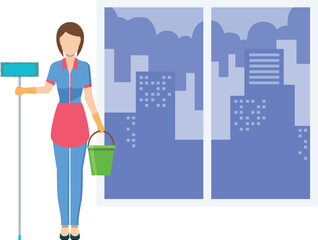 The girl is holding a cleaning brush and a bucket.