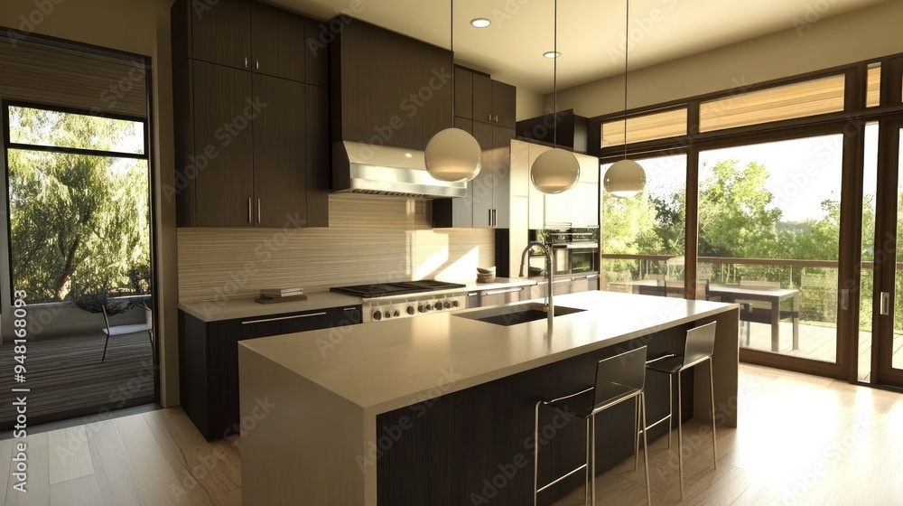 Poster Modern Kitchen with Patio View