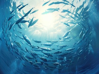 Fish in the ocean. A large school of fish swim in circles in the ocean.