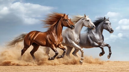 Obraz premium Three horse with long mane run gallop in desert