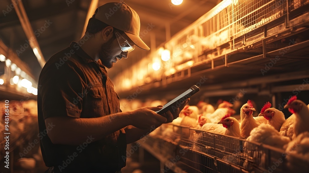 Aufkleber worker monitoring automated lighting and feeding systems in high-tech chicken farm