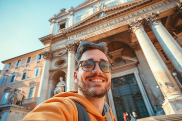 AI generated photo of happy smiling person traveling and taking selfie outdoors