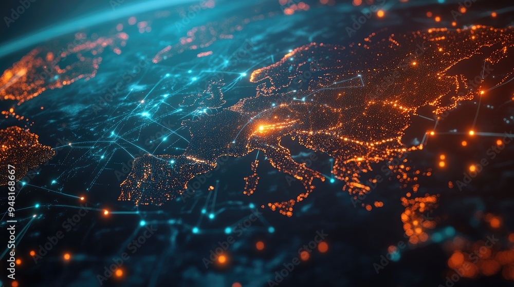 Poster concept of global communication with a world map overlayed with glowing connection lines and network