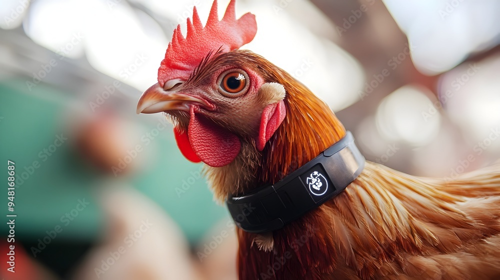 Poster close-up of smart collar on chicken tracking health data in tech-driven poultry farm