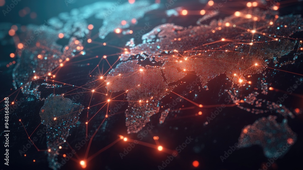 Poster concept of global communication with a world map overlayed with glowing connection lines and network
