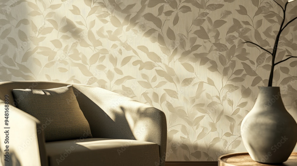 Poster elegant, muted wallpaper with a subtle leaf pattern, creating a sophisticated backdrop in a lounge a