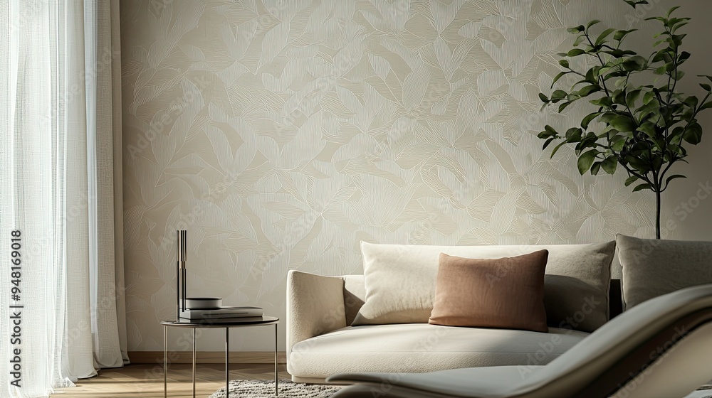 Poster elegant, muted wallpaper with a subtle leaf pattern, creating a sophisticated backdrop in a lounge a